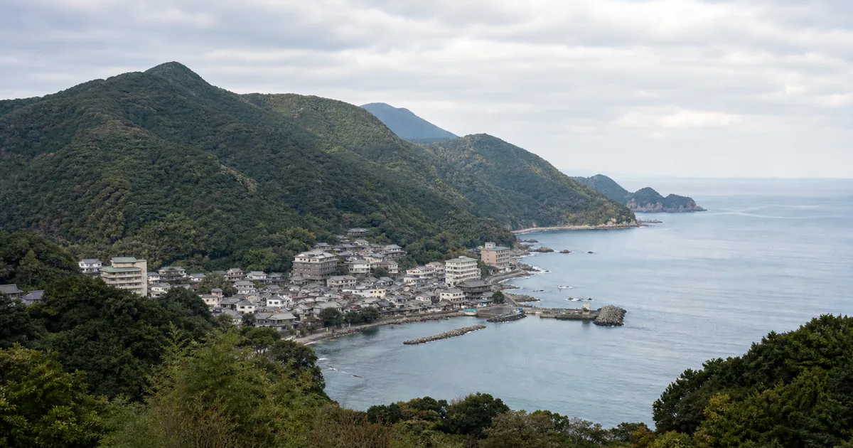 海と森林の山が近接し、その間に集落が続く和歌山の地形を表したイメージ