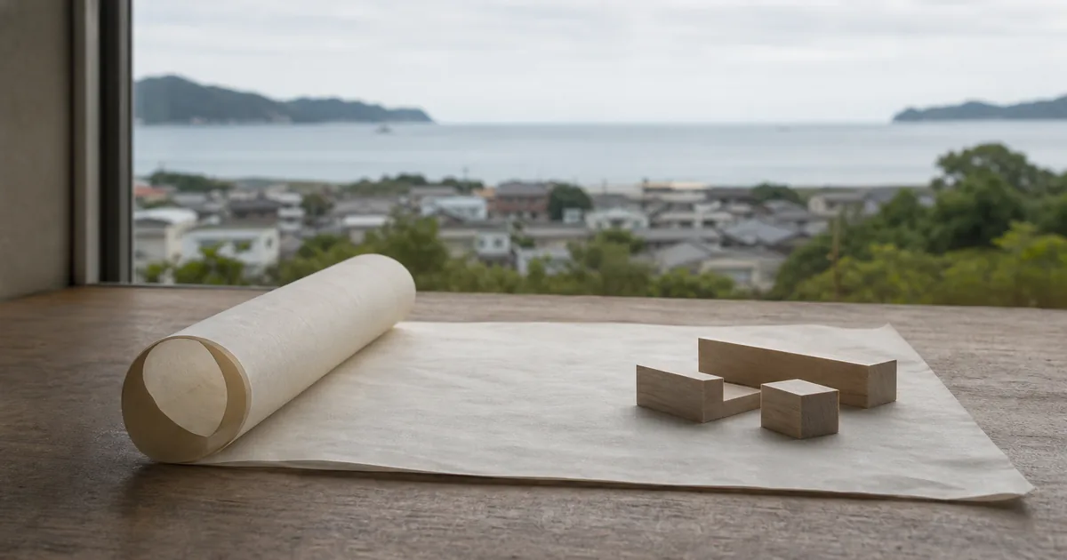 海辺を望む机上に計画図面と木製模型を置いた、2021年当時の和歌山IR計画を振り返るイメージ