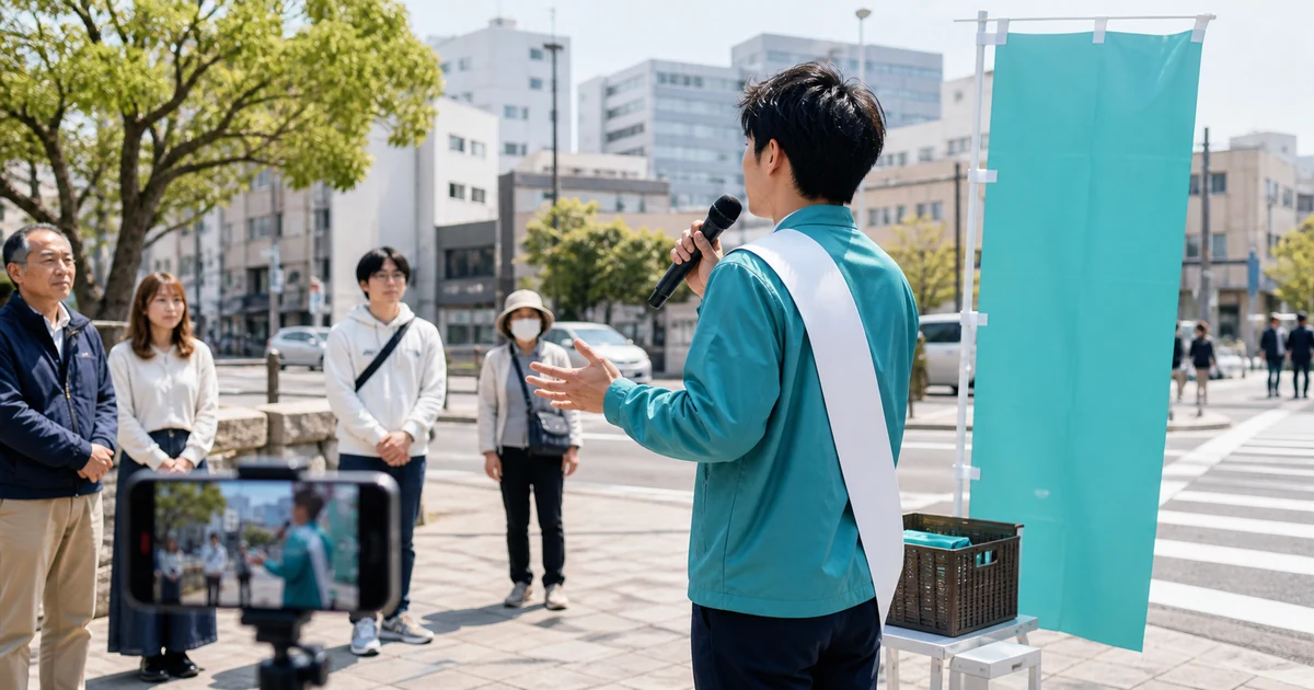 街頭でマイクを持つ若手候補の後ろ姿と、配信中のスマートフォンを使い、和歌山市長選におけるSNS政治を表現したイメージ
