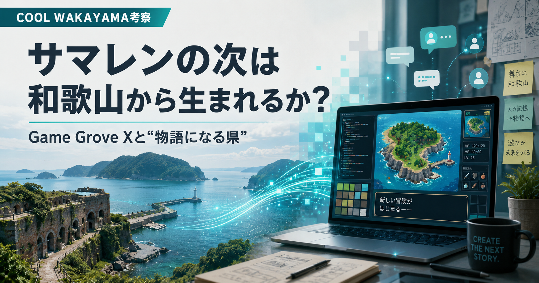 サマータイムレンダの次に和歌山から物語が生まれる可能性を、友ヶ島とゲーム制作の画面で表した記事ビジュアル