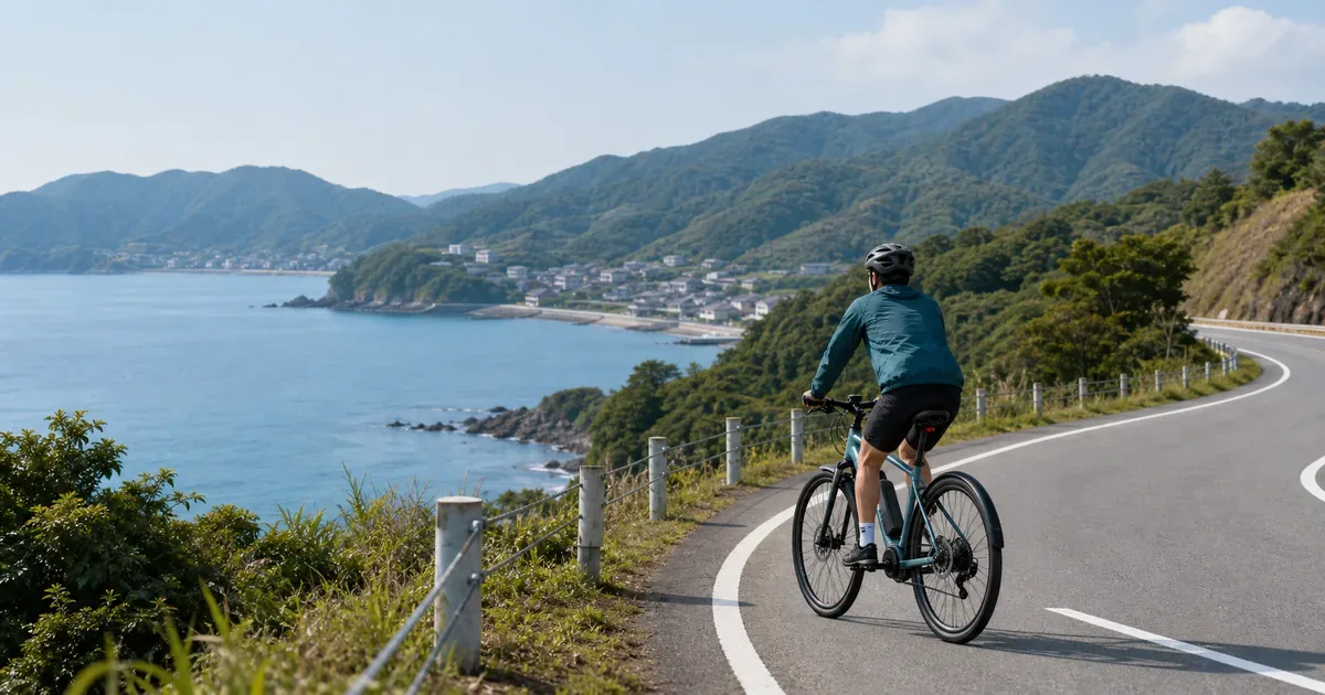 海沿いの道を走るE-BIKEと、点在する町や滞在先を望む和歌山の自転車観光のイメージ