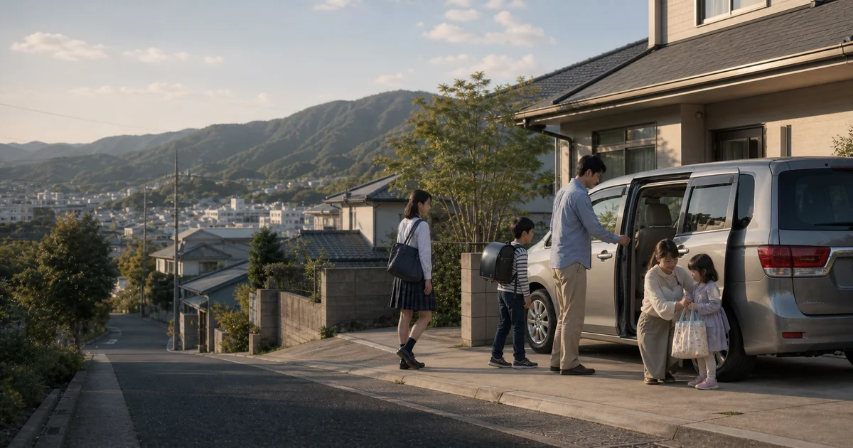 和歌山の郊外住宅地で、父母と高校生・小学生・幼児の3人の子どもがミニバンで通学・送迎の準備をする生活風景のイメージ