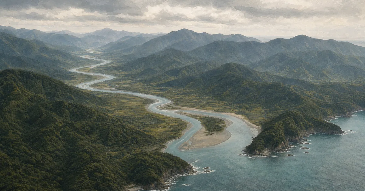 山から川、河口、海へと続く和歌山の水系と地形を表したイメージ