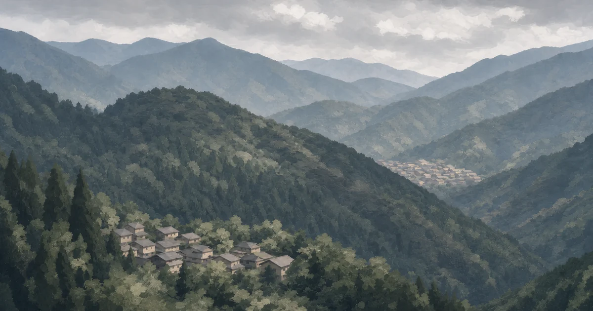 山ひだで隔てられた二つの谷と小集落で、和歌山の温泉地の分散を表したイメージ