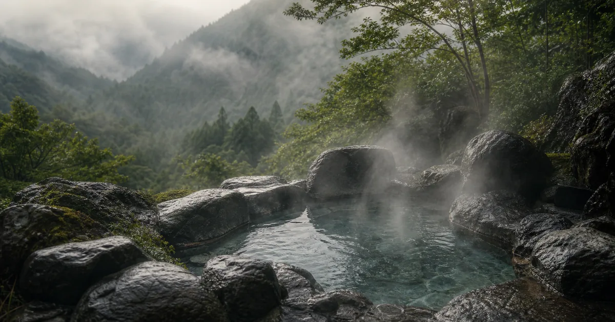 熊野の山あいを背景に、自然石の小さな湯と湯気を描いた温泉のイメージ