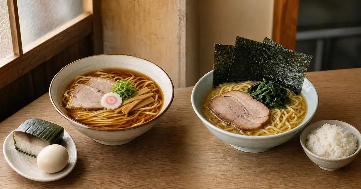 細麺とかまぼこの和歌山ラーメンと、太麺・海苔・ほうれん草の横浜家系ラーメンを比較したイメージ