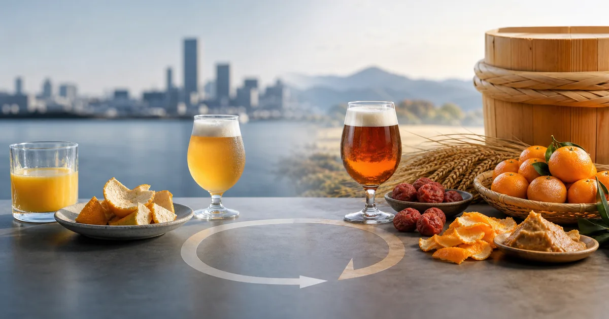 横浜のオレンジ果皮ビールと和歌山の未利用資源活用を比較するイメージ