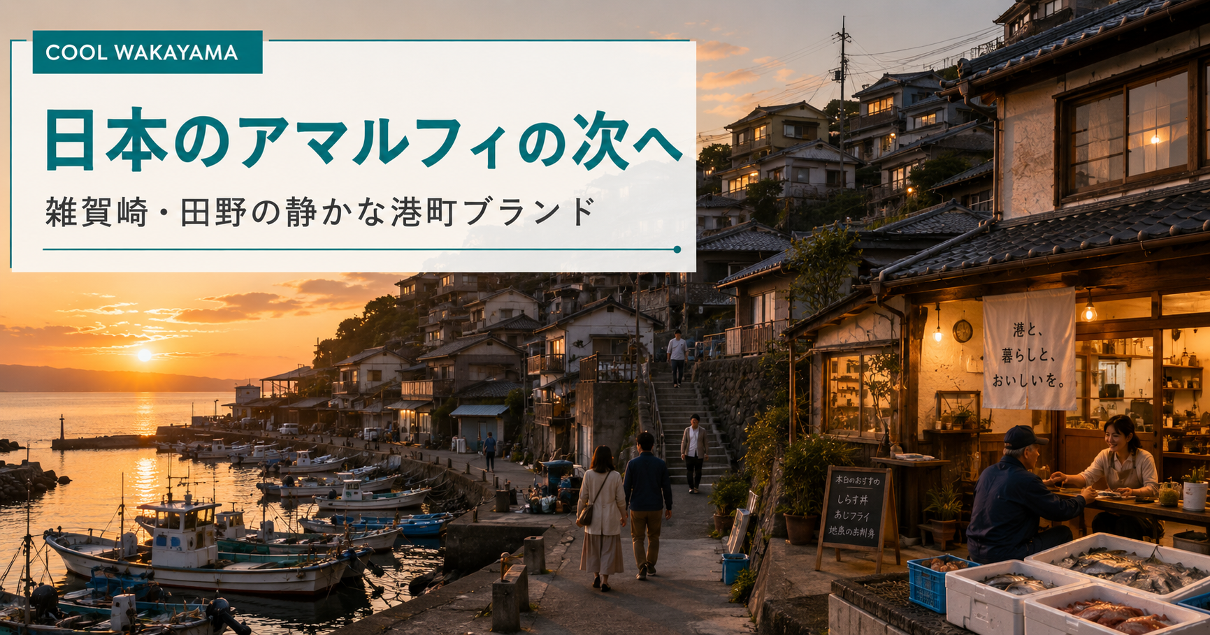 夕暮れの雑賀崎・田野を思わせる港町と、漁港の食や小さな店がある静かな港町ブランドのイメージ