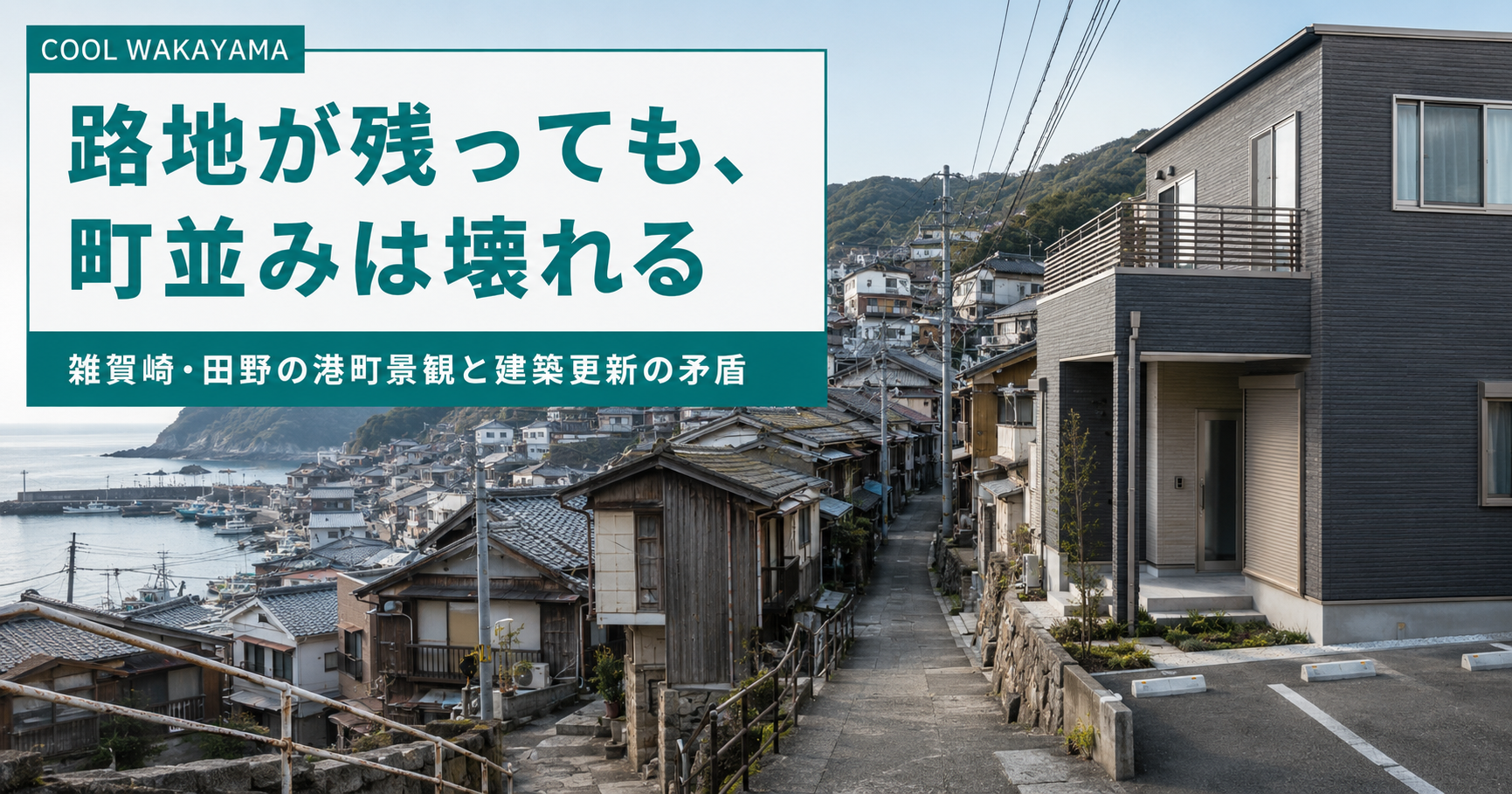 雑賀崎・田野を思わせる港町の路地と、周囲から浮いた新しい建物が並ぶ町並みの対比